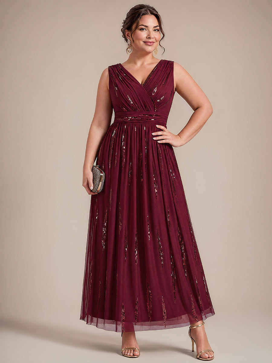 Tulle Sequin Sleeveless A-Line Evening Dress #color_Burgundy