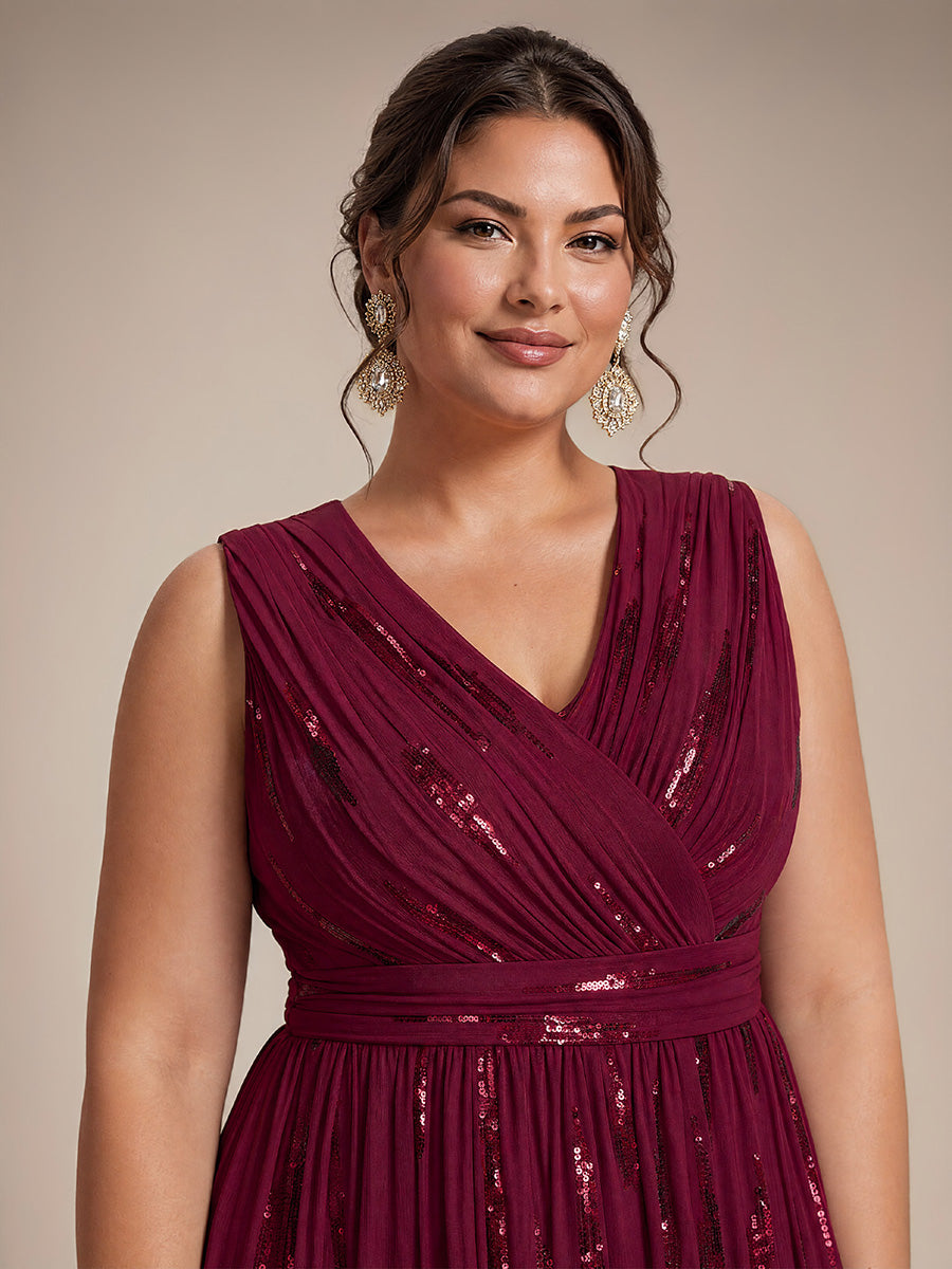 Tulle Sequin Sleeveless A-Line Evening Dress #color_Burgundy