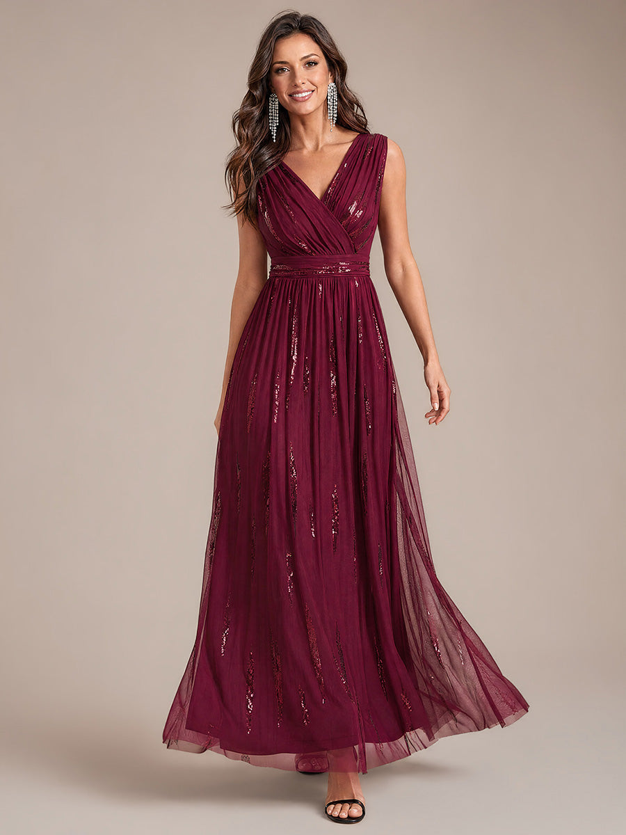 Tulle Sequin Sleeveless A-Line Evening Dress #color_Burgundy