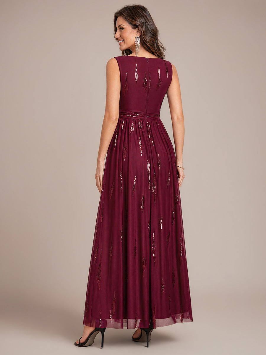 Tulle Sequin Sleeveless A-Line Evening Dress #color_Burgundy