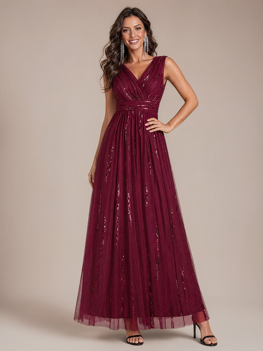 Tulle Sequin Sleeveless A-Line Evening Dress #color_Burgundy