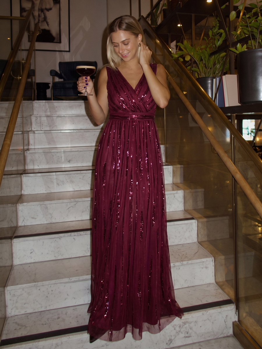 Tulle Sequin Sleeveless A-Line Evening Dress #color_Burgundy
