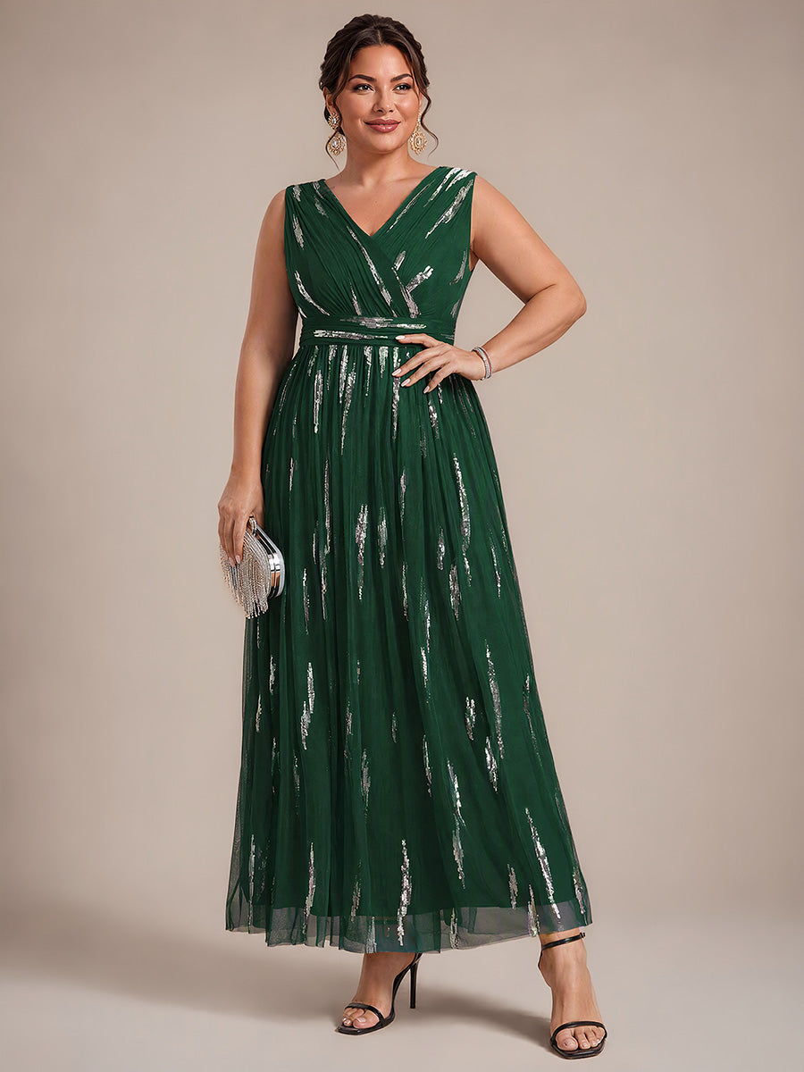 Tulle Sequin Sleeveless A-Line Evening Dress #color_Dark Green
