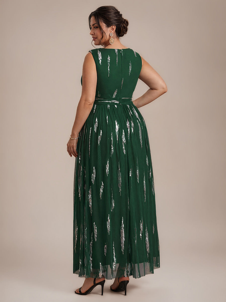 Tulle Sequin Sleeveless A-Line Evening Dress #color_Dark Green