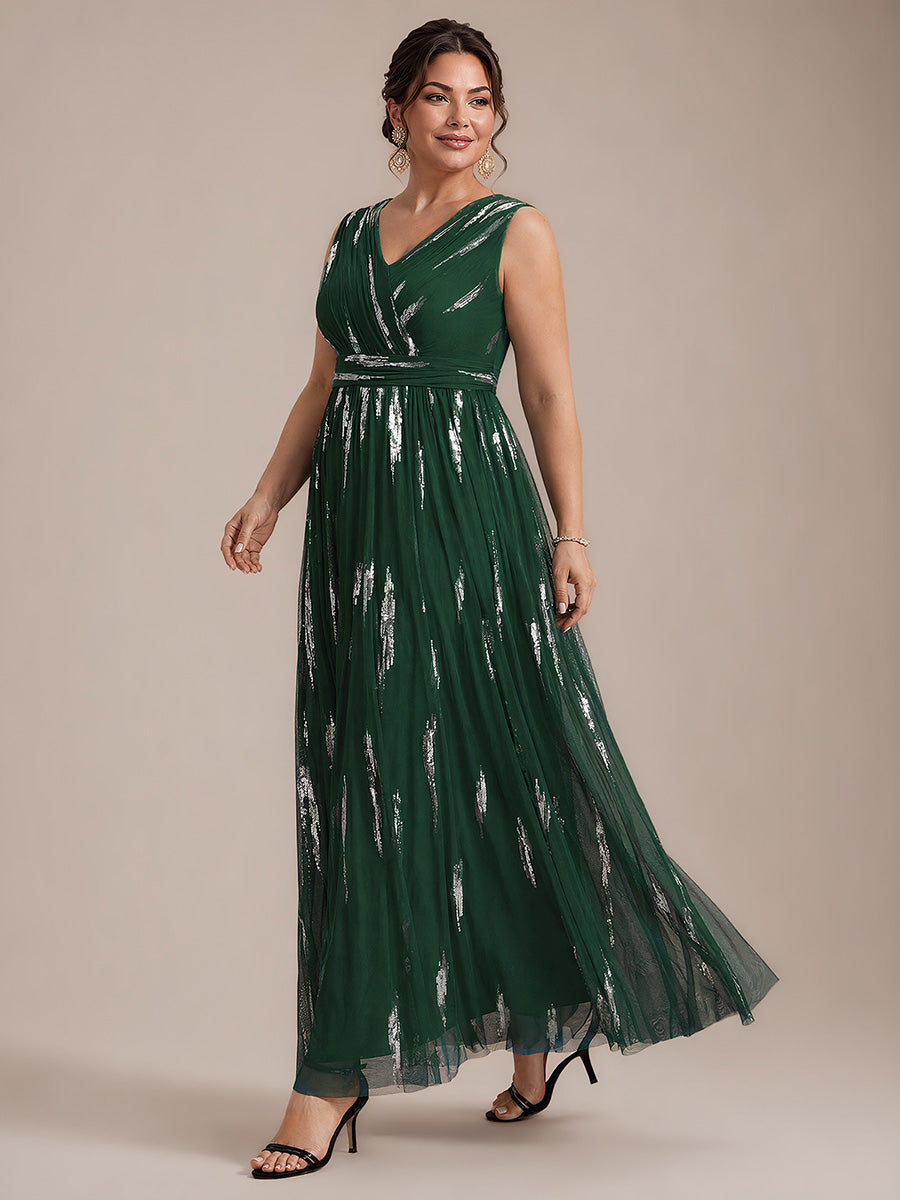 Tulle Sequin Sleeveless A-Line Evening Dress #color_Dark Green