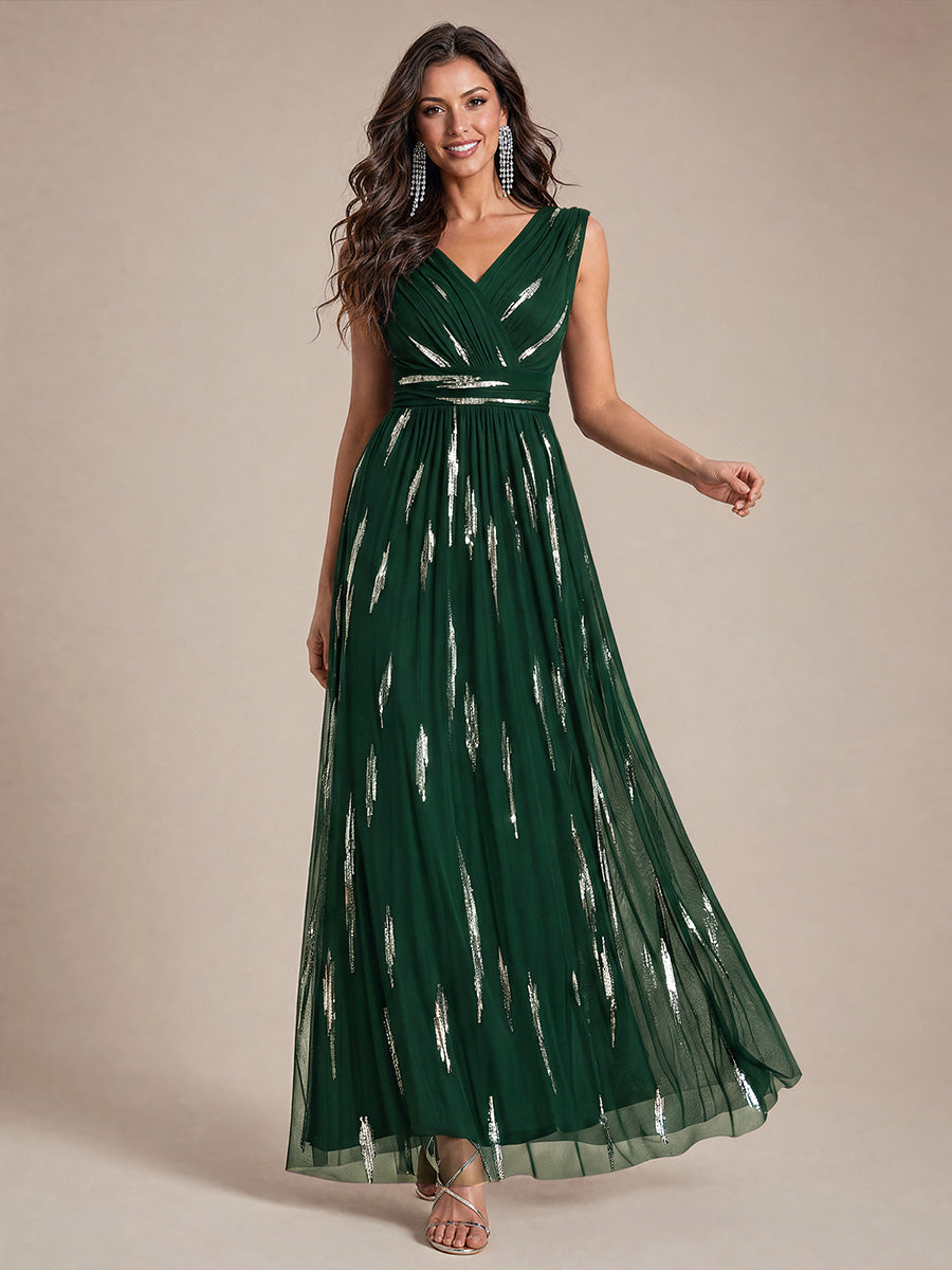 Tulle Sequin Sleeveless A-Line Evening Dress #color_Dark Green