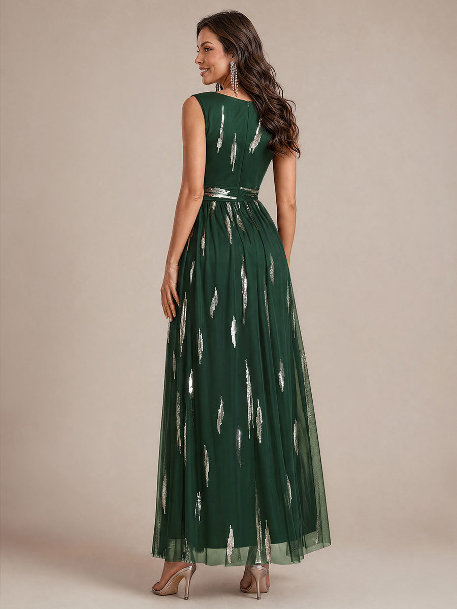 Tulle Sequin Sleeveless A-Line Evening Dress #color_Dark Green
