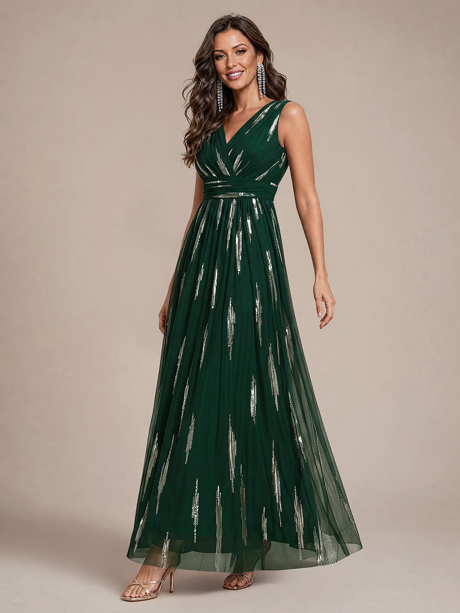Tulle Sequin Sleeveless A-Line Evening Dress #color_Dark Green