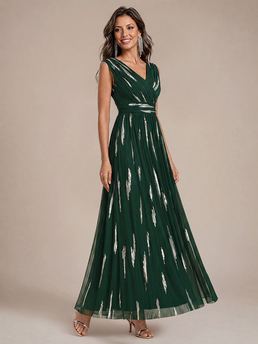 Tulle Sequin Sleeveless A-Line Evening Dress #color_Dark Green
