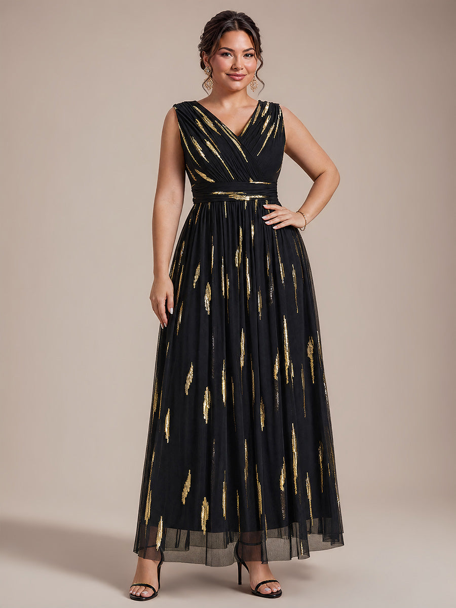 Tulle Sequin Sleeveless A-Line Evening Dress #color_Black&Metallic Gold