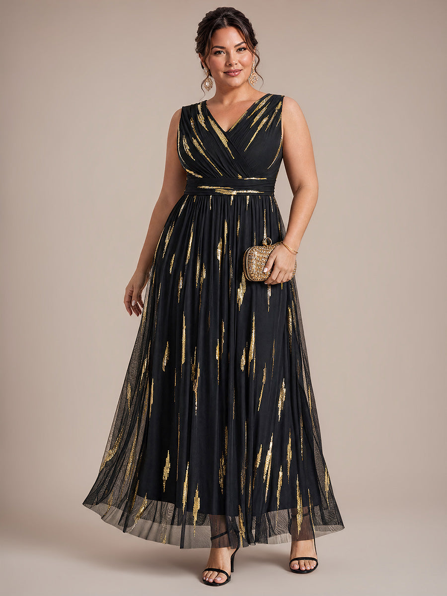 Tulle Sequin Sleeveless A-Line Evening Dress #color_Black&Metallic Gold
