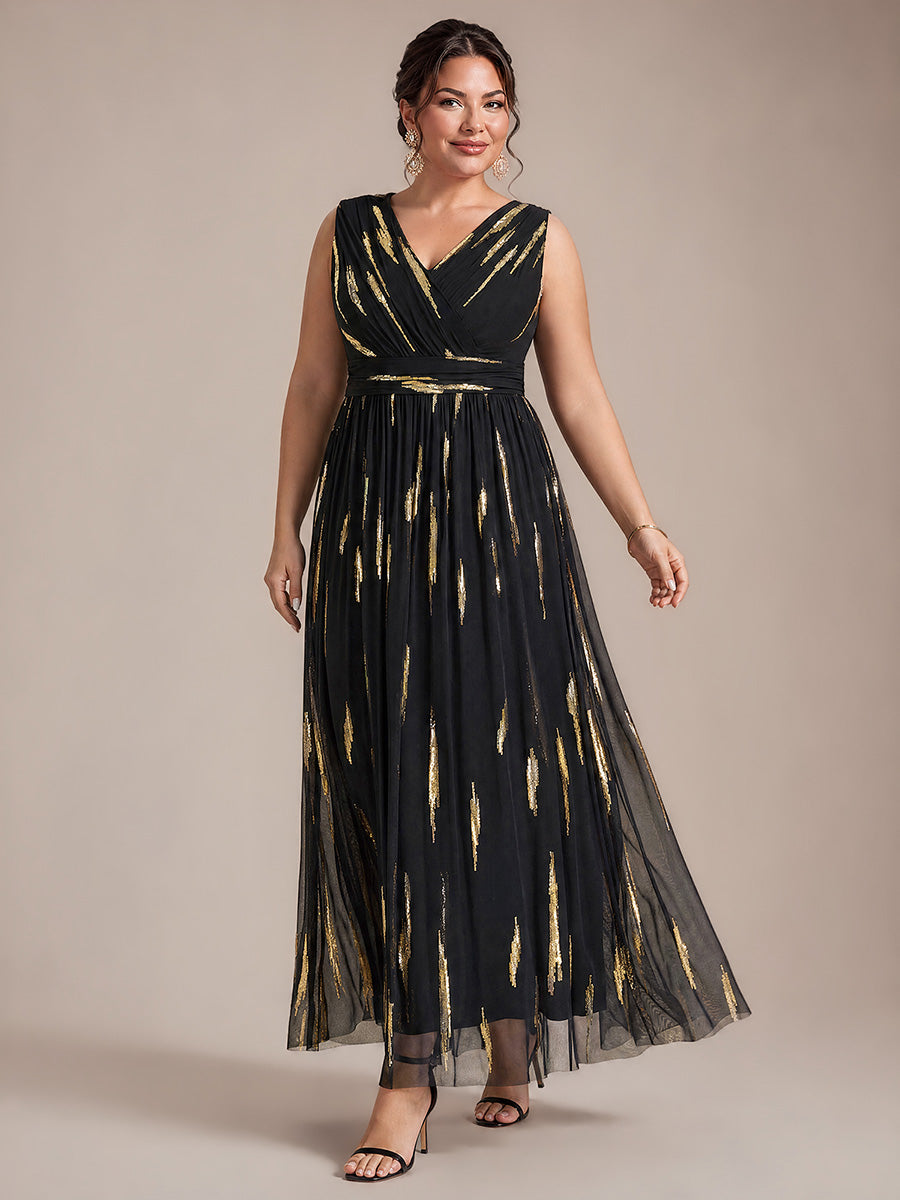 Tulle Sequin Sleeveless A-Line Evening Dress #color_Black&Metallic Gold