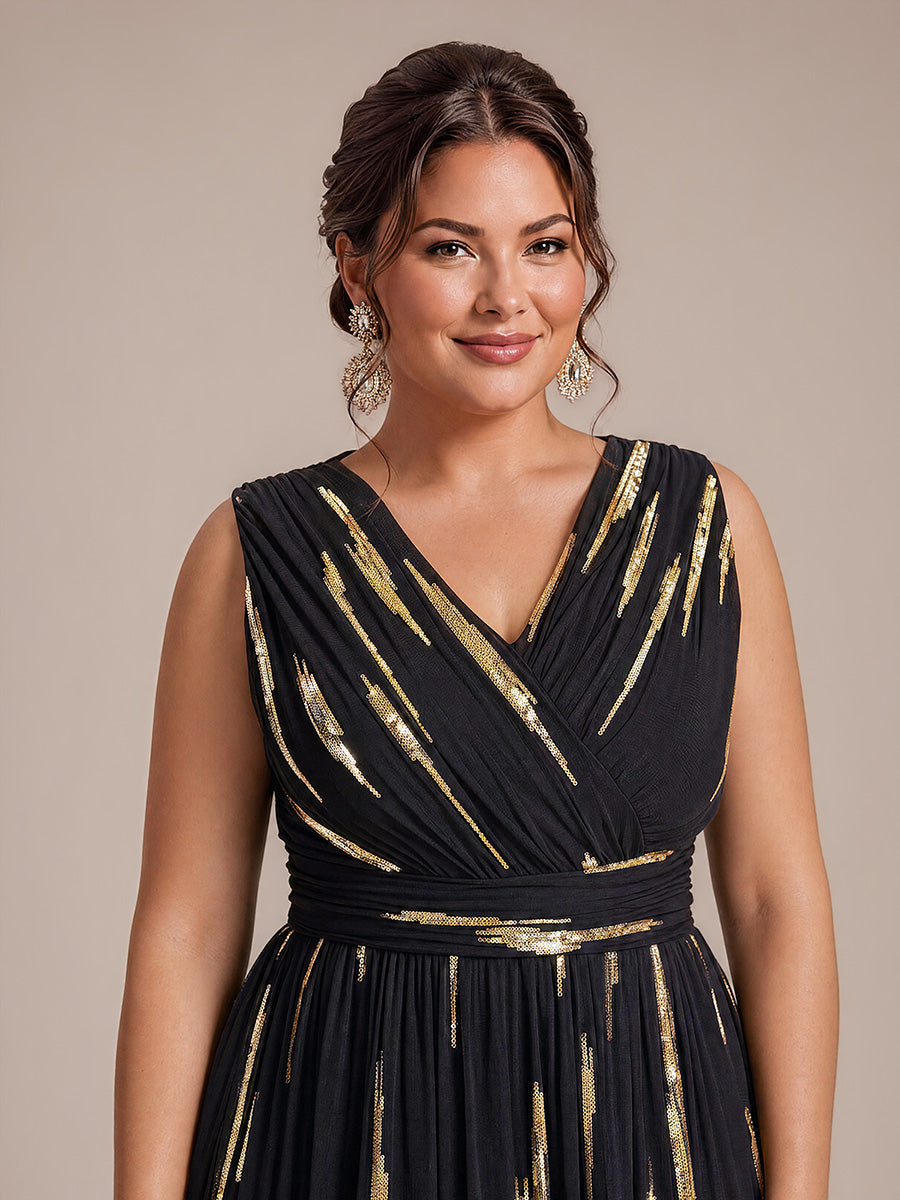 Tulle Sequin Sleeveless A-Line Evening Dress #color_Black&Metallic Gold