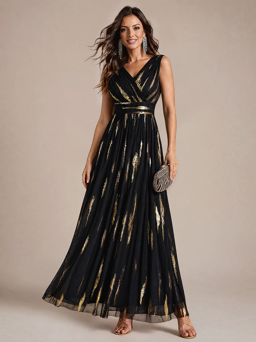 Tulle Sequin Sleeveless A-Line Evening Dress #color_Black&Metallic Gold