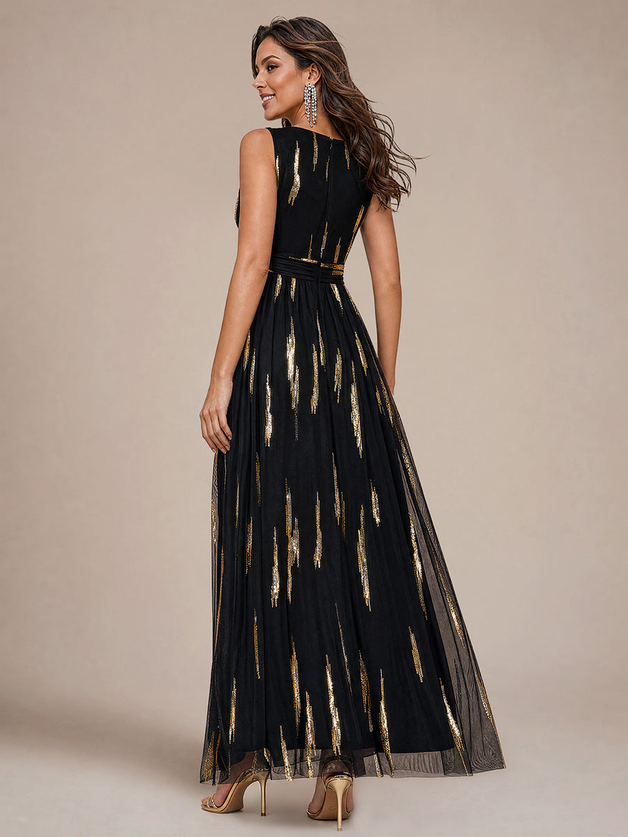 Tulle Sequin Sleeveless A-Line Evening Dress #color_Black&Metallic Gold
