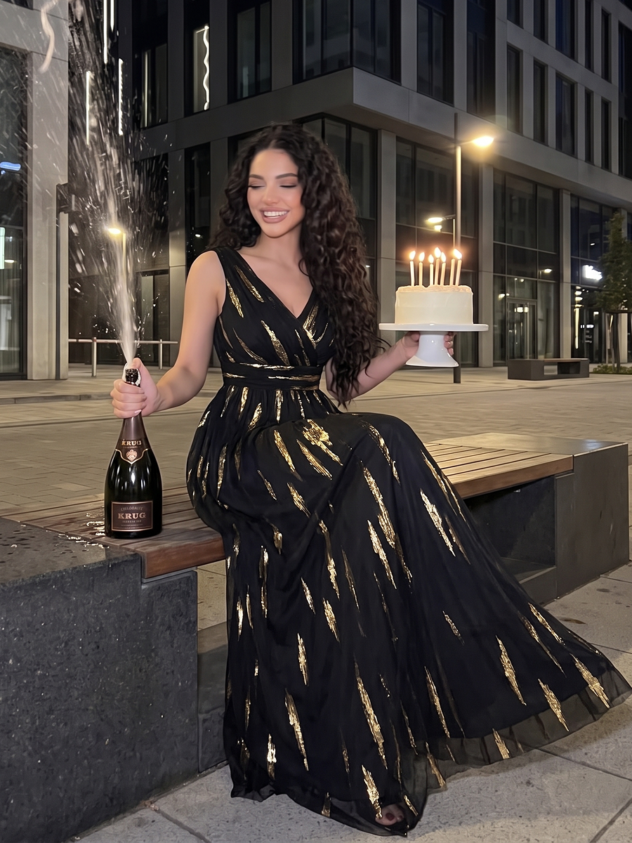 Tulle Sequin Sleeveless A-Line Evening Dress #color_Black&Metallic Gold