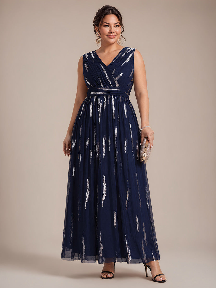 Tulle Sequin Sleeveless A-Line Evening Dress #color_Navy Blue