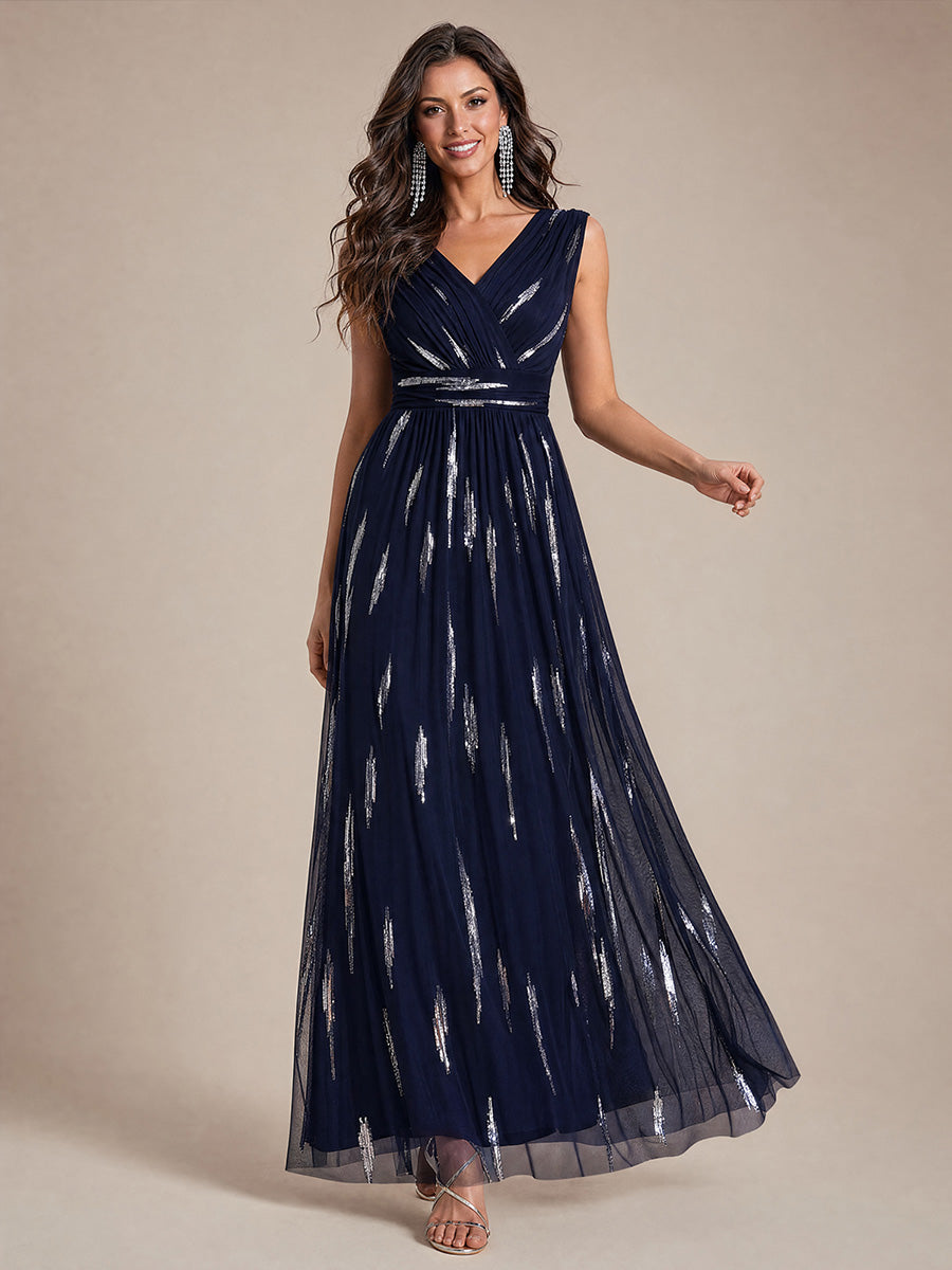 Tulle Sequin Sleeveless A-Line Evening Dress #color_Navy Blue