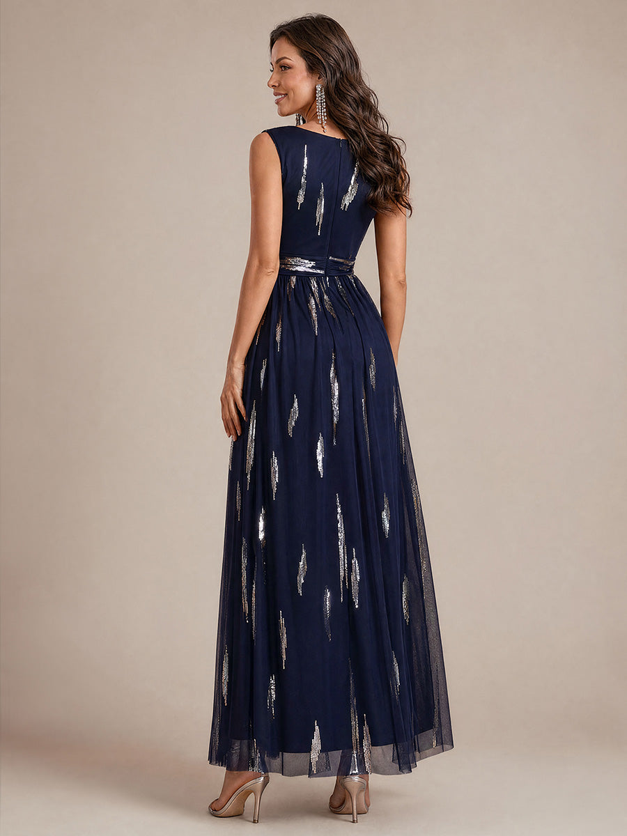 Tulle Sequin Sleeveless A-Line Evening Dress #color_Navy Blue