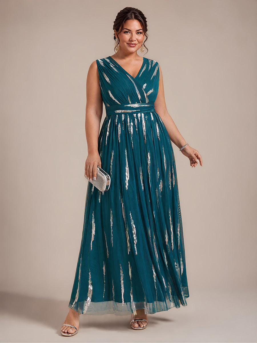 Tulle Sequin Sleeveless A-Line Evening Dress #color_Teal Blue