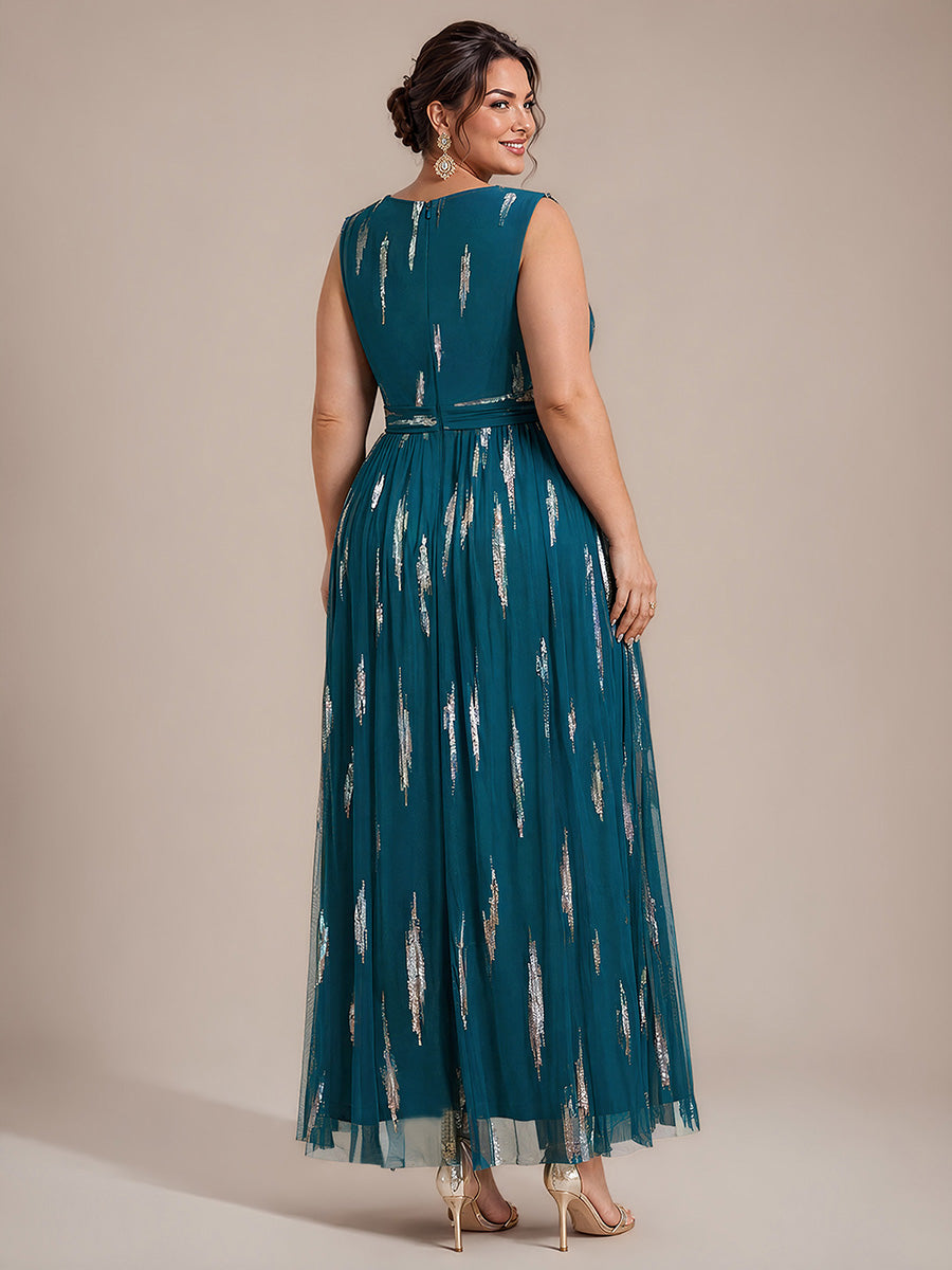 Tulle Sequin Sleeveless A-Line Evening Dress #color_Teal Blue