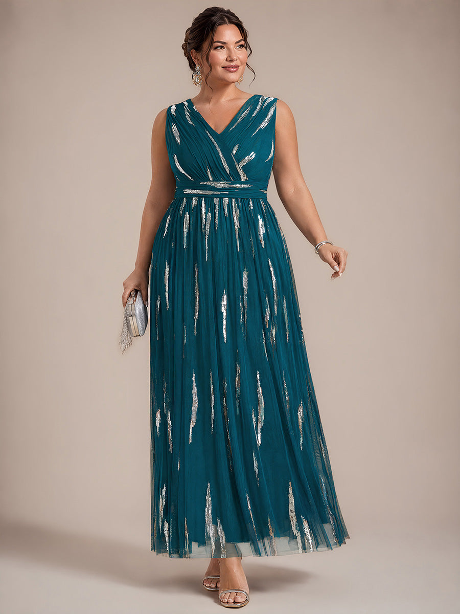 Tulle Sequin Sleeveless A-Line Evening Dress #color_Teal Blue