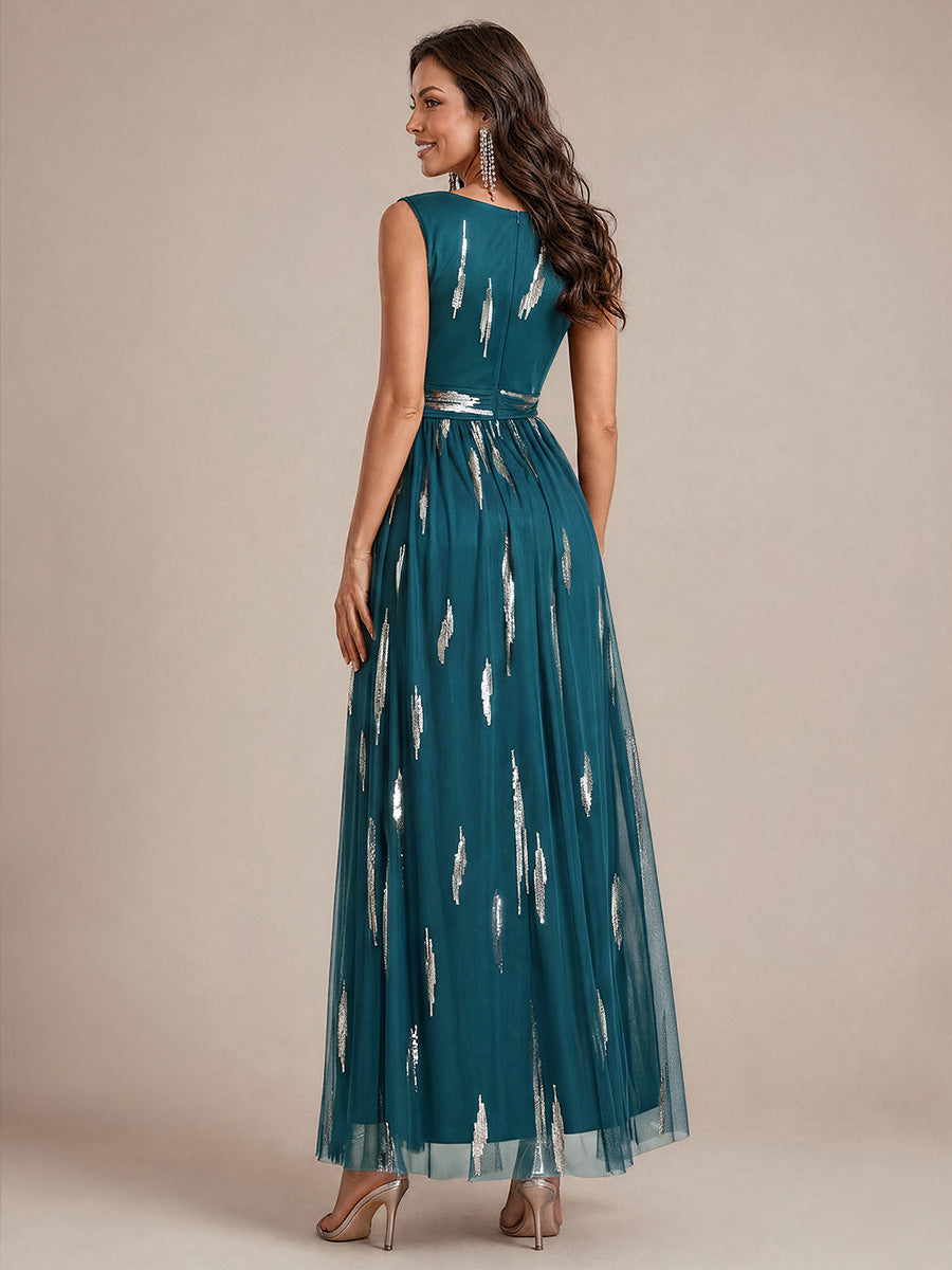 Tulle Sequin Sleeveless A-Line Evening Dress #color_Teal Blue