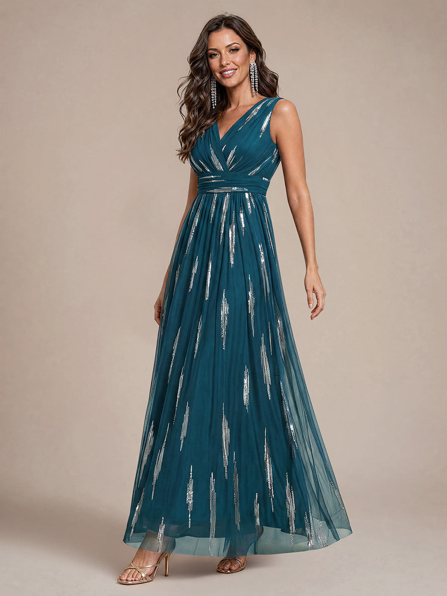 Tulle Sequin Sleeveless A-Line Evening Dress #color_Teal Blue