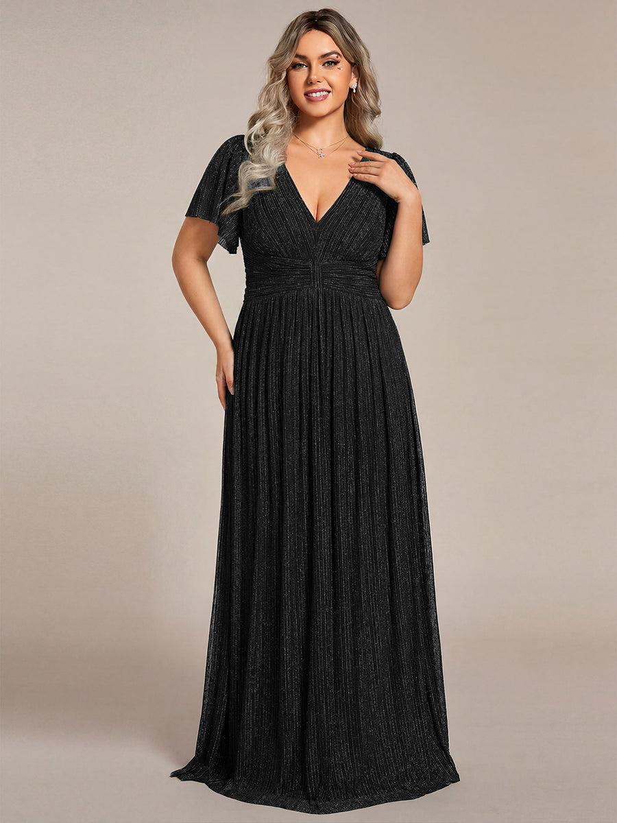 Plus Size V-Neck Glittery Short Sleeves Formal Evening Dress with Empire Waist #color_Black