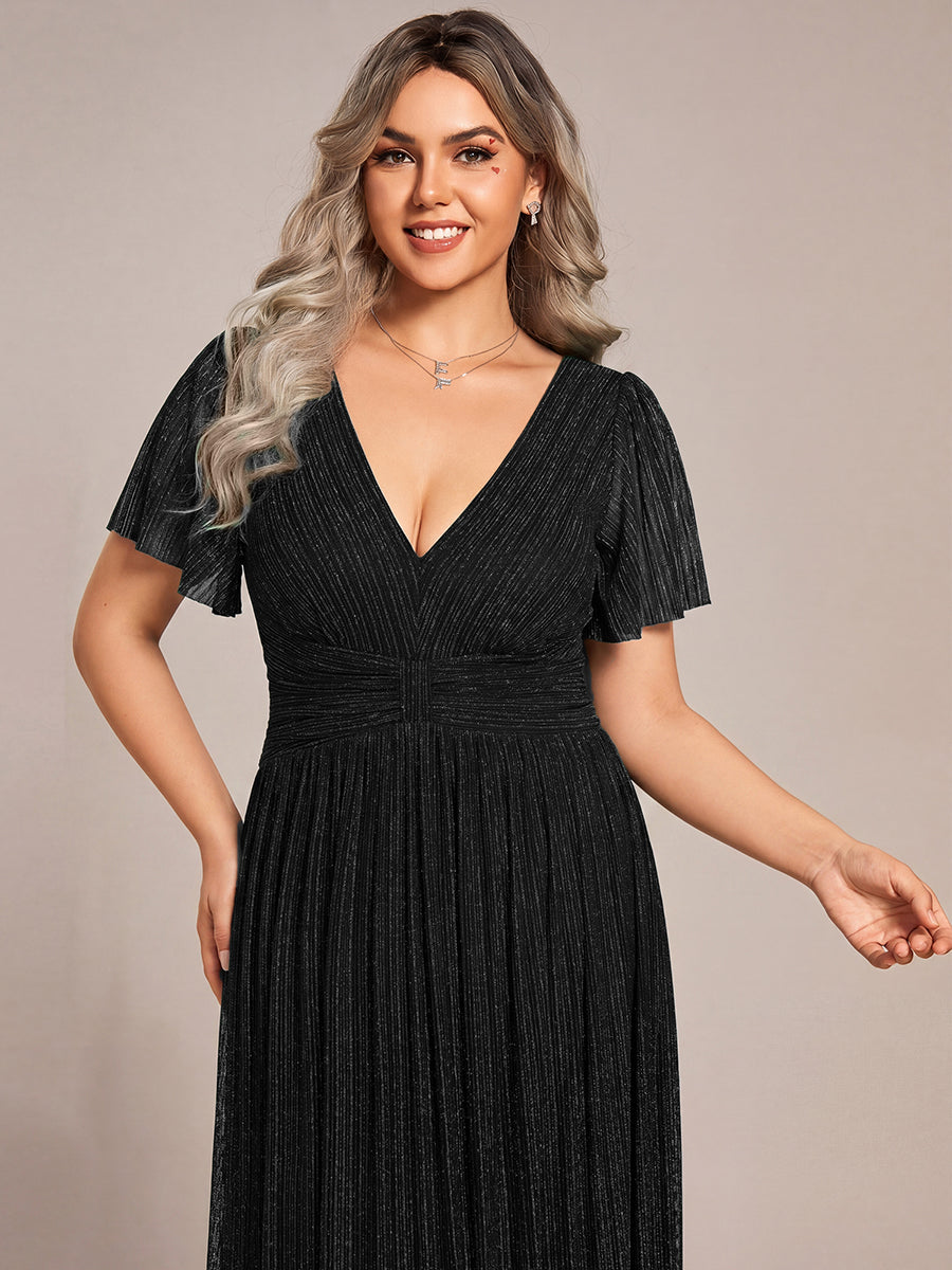 Plus Size V-Neck Glittery Short Sleeves Formal Evening Dress with Empire Waist #color_Black