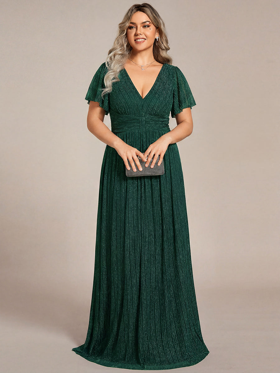 Plus Size V-Neck Glittery Short Sleeves Formal Evening Dress with Empire Waist #color_Dark Green