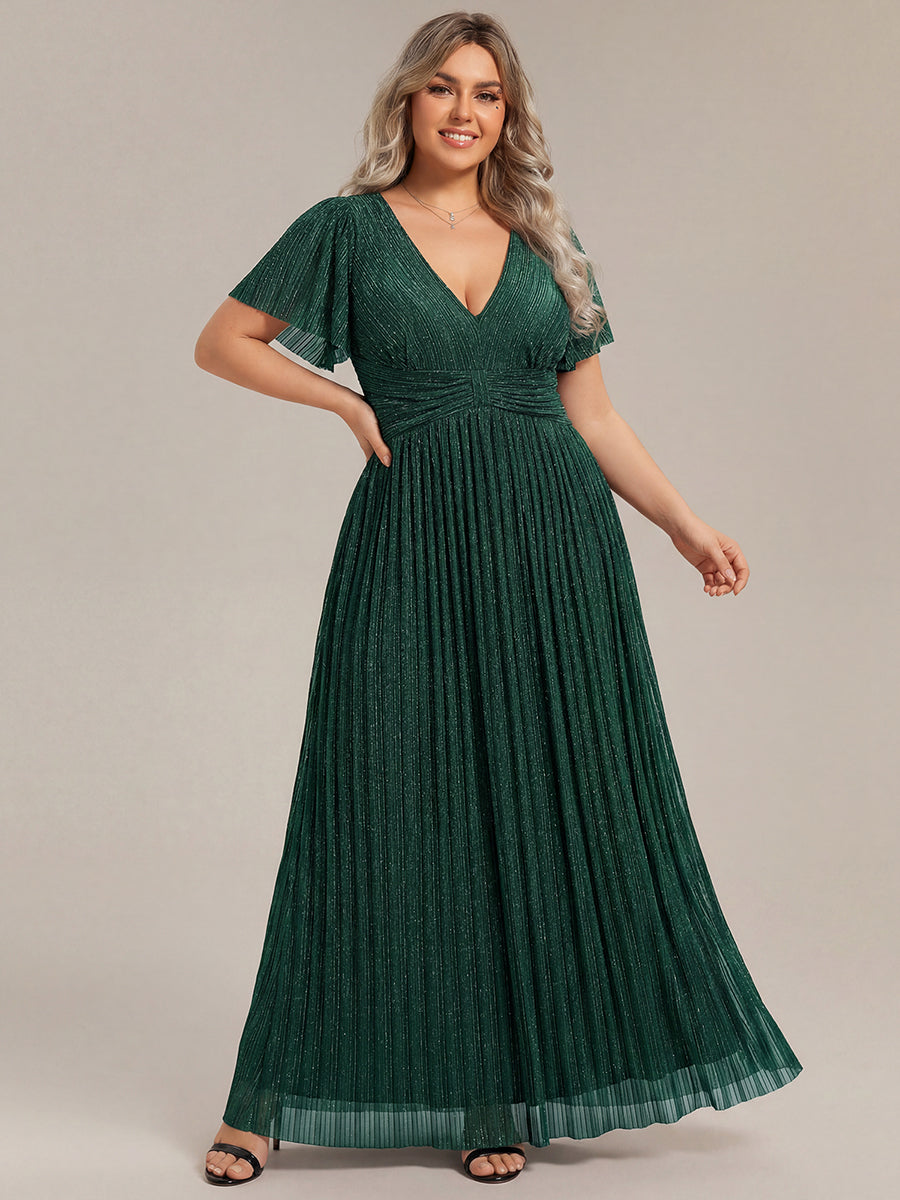 Plus Size V-Neck Glittery Short Sleeves Formal Evening Dress with Empire Waist #color_Dark Green