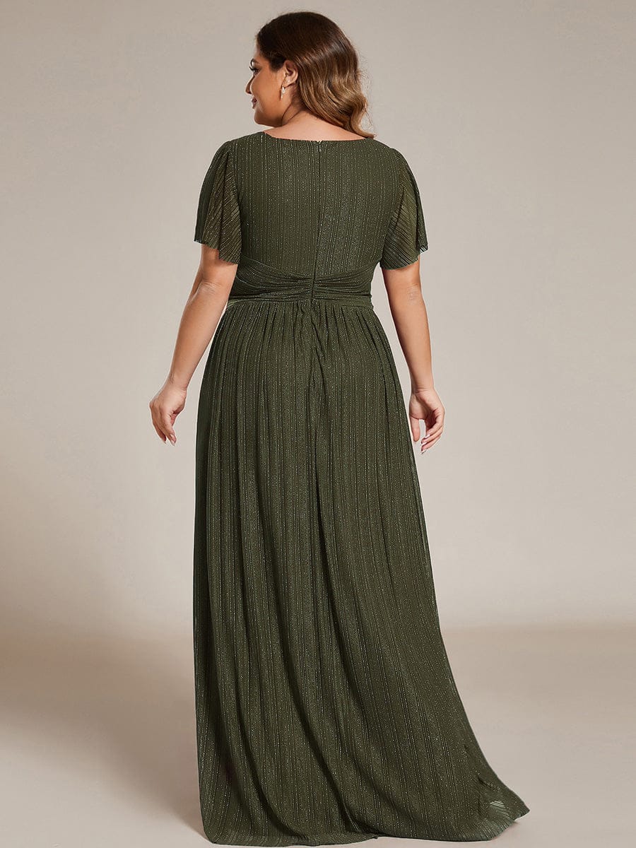 Plus Size V-Neck Glittery Short Sleeves Formal Evening Dress with Empire Waist #color_Olive Green
