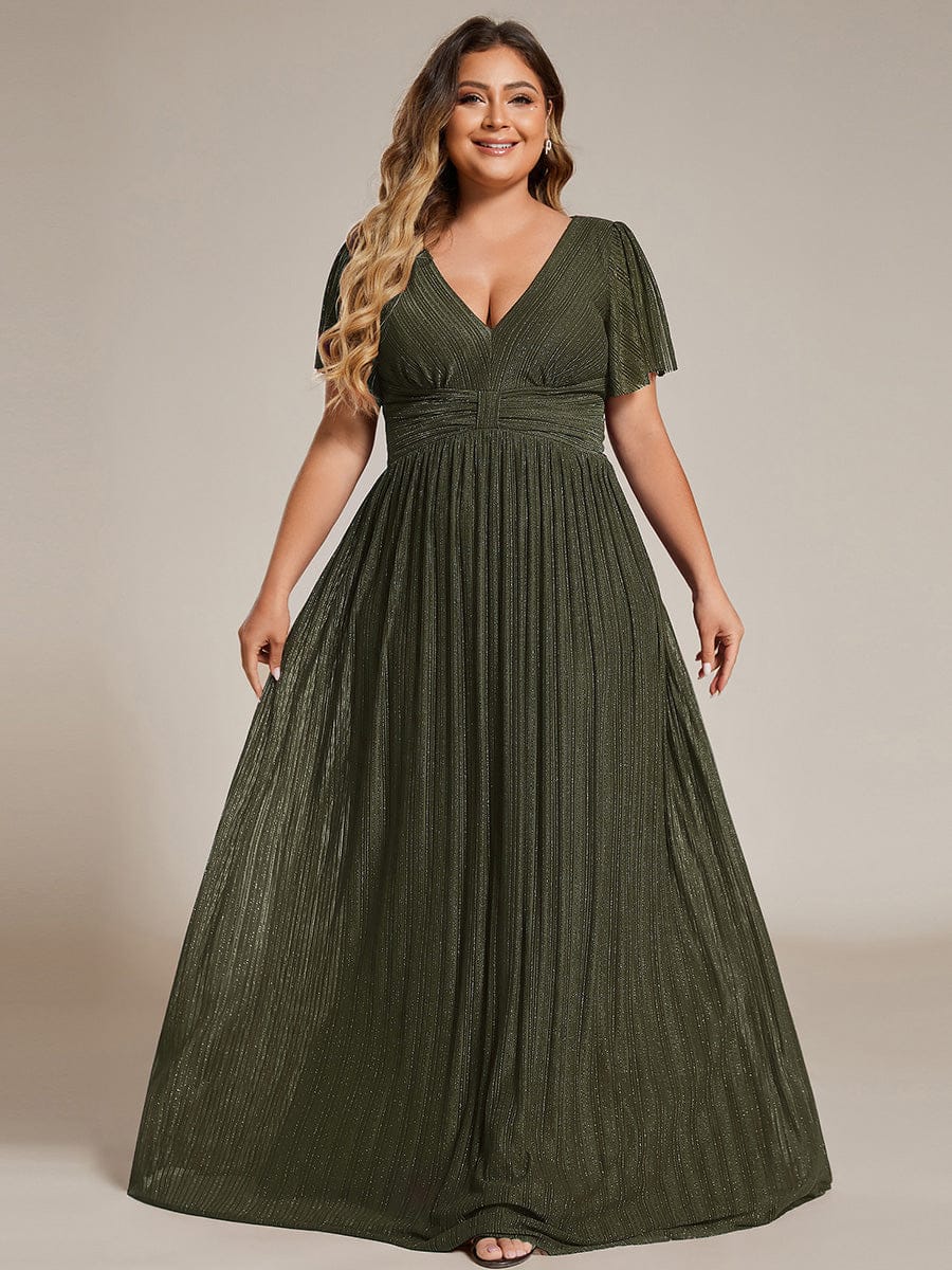 Plus Size V-Neck Glittery Short Sleeves Formal Evening Dress with Empire Waist #color_Olive Green