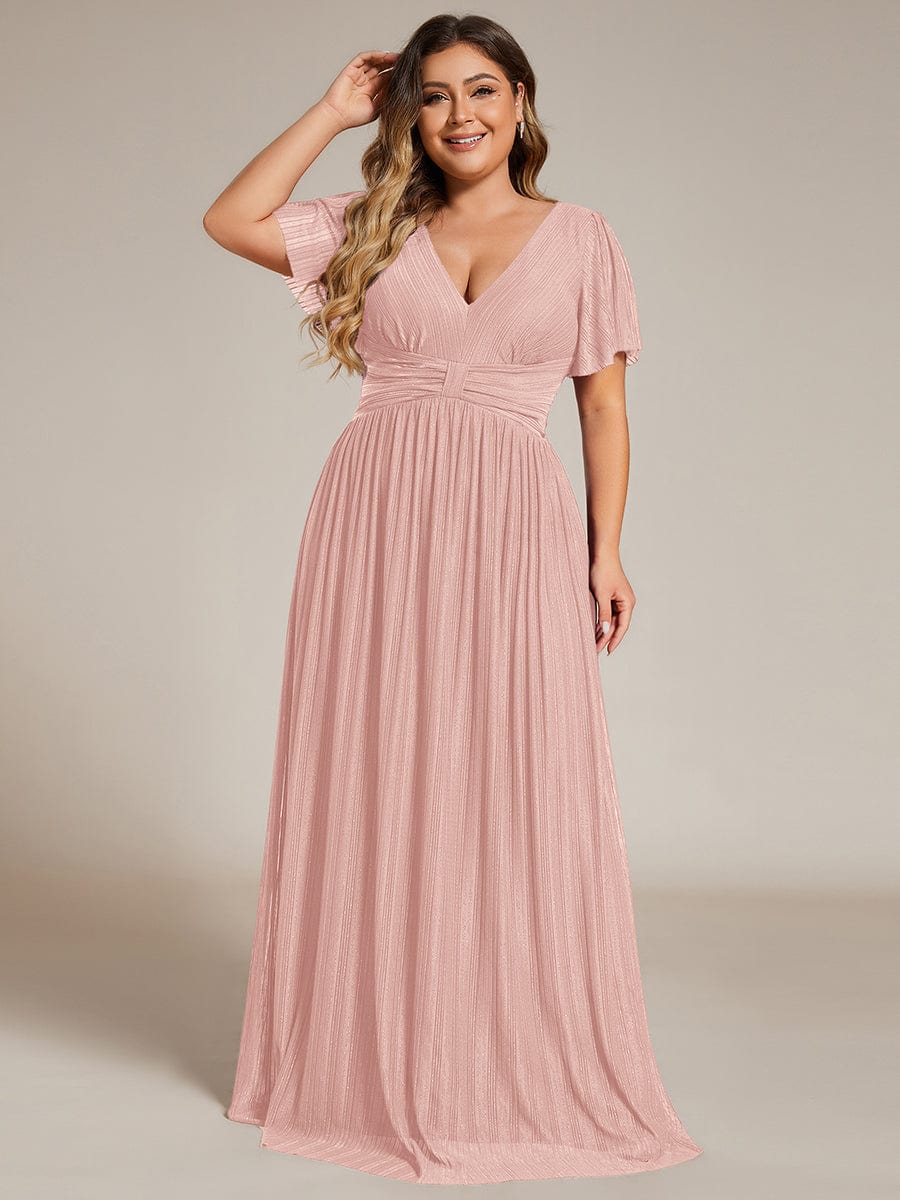 Plus Size V-Neck Glittery Short Sleeves Formal Evening Dress with Empire Waist #color_Pink