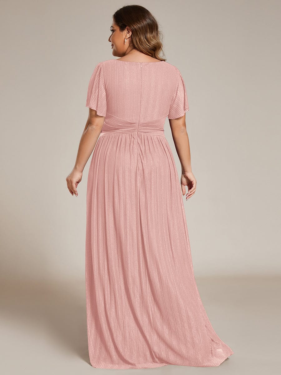 Plus Size V-Neck Glittery Short Sleeves Formal Evening Dress with Empire Waist #color_Pink