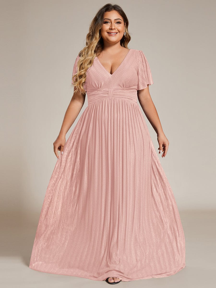 Plus Size V-Neck Glittery Short Sleeves Formal Evening Dress with Empire Waist #color_Pink