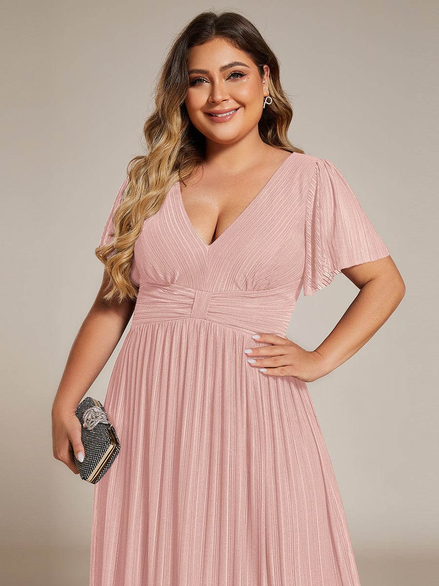 Plus Size V-Neck Glittery Short Sleeves Formal Evening Dress with Empire Waist #color_Pink