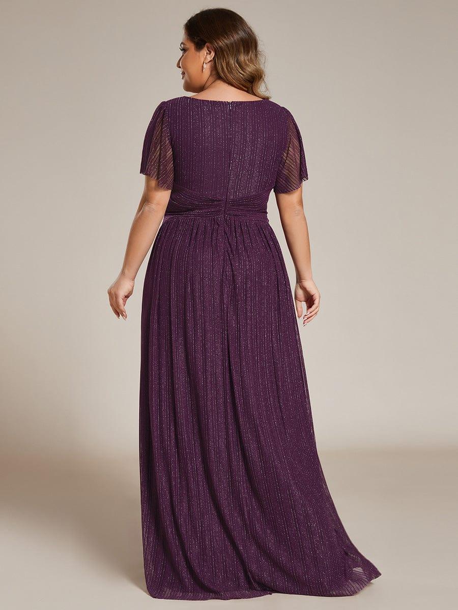 Plus Size V-Neck Glittery Short Sleeves Formal Evening Dress with Empire Waist #color_Purple Wisteria