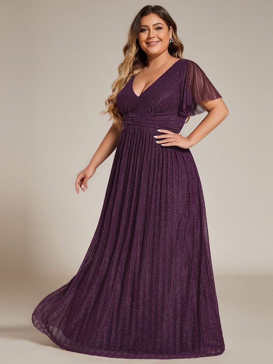 Plus Size V-Neck Glittery Short Sleeves Formal Evening Dress with Empire Waist #color_Purple Wisteria