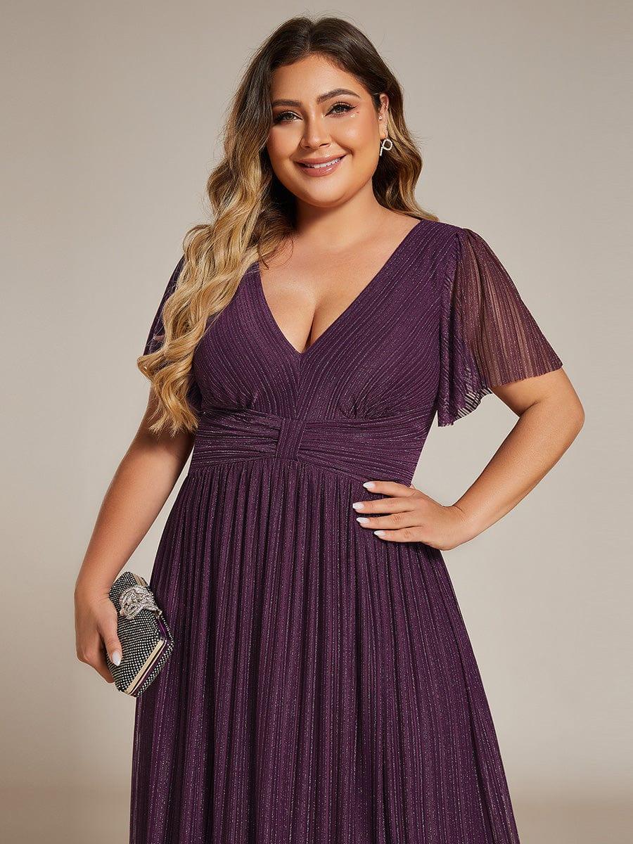 Plus Size V-Neck Glittery Short Sleeves Formal Evening Dress with Empire Waist #color_Purple Wisteria