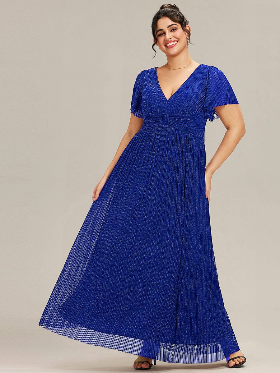 Plus Size V-Neck Glittery Short Sleeves Formal Evening Dress with Empire Waist #color_Sapphire Blue