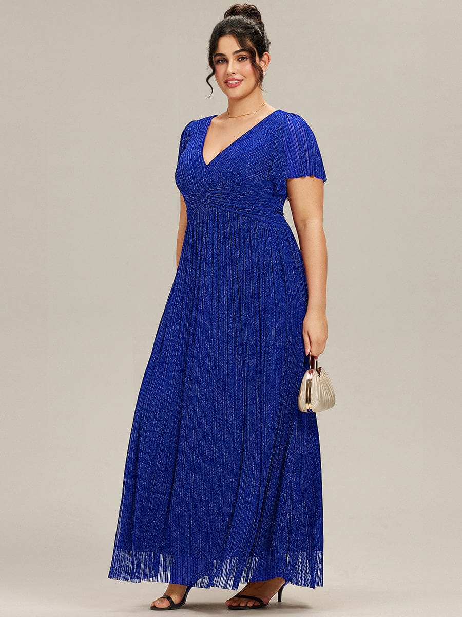 Plus Size V-Neck Glittery Short Sleeves Formal Evening Dress with Empire Waist #color_Sapphire Blue