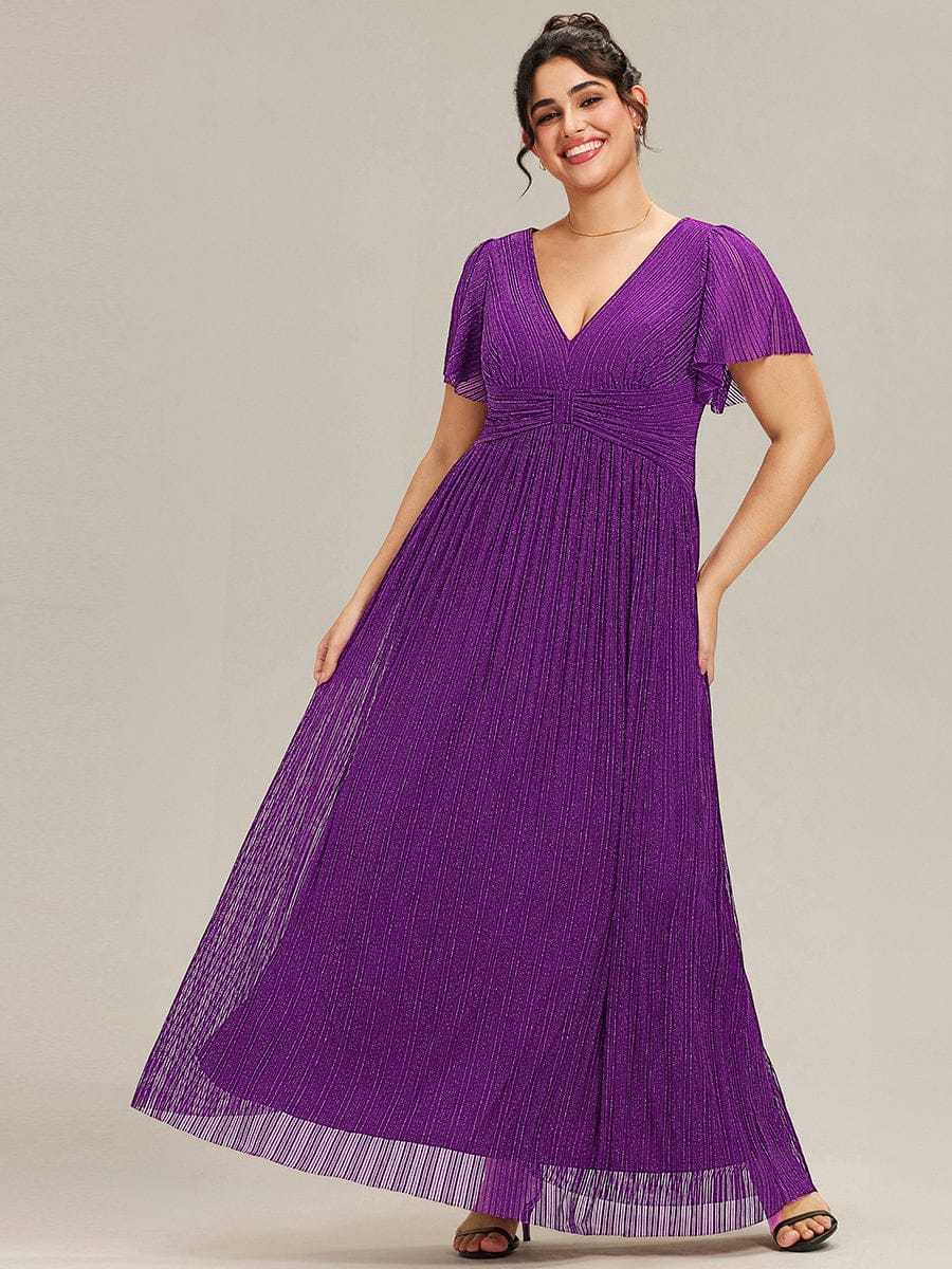 Plus Size V-Neck Glittery Short Sleeves Formal Evening Dress with Empire Waist #color_Sparkling Grape