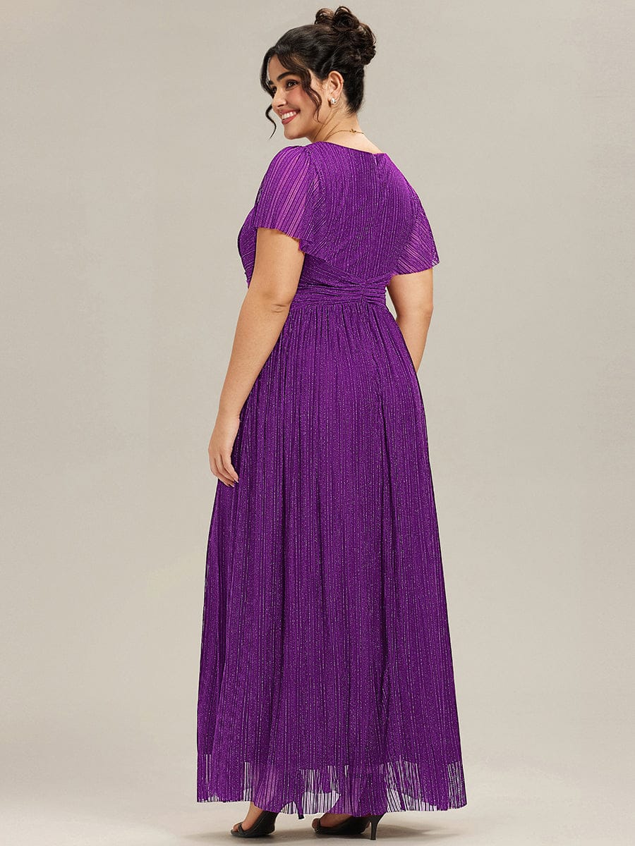 Plus Size V-Neck Glittery Short Sleeves Formal Evening Dress with Empire Waist #color_Sparkling Grape
