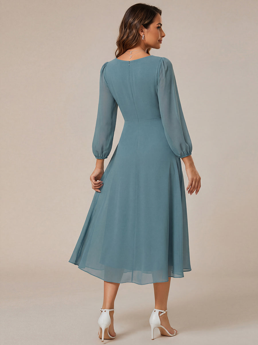 Long Sleeves Asymmetrical Hem A-Line Midi Wedding Guest Dress #color_Light Teal
