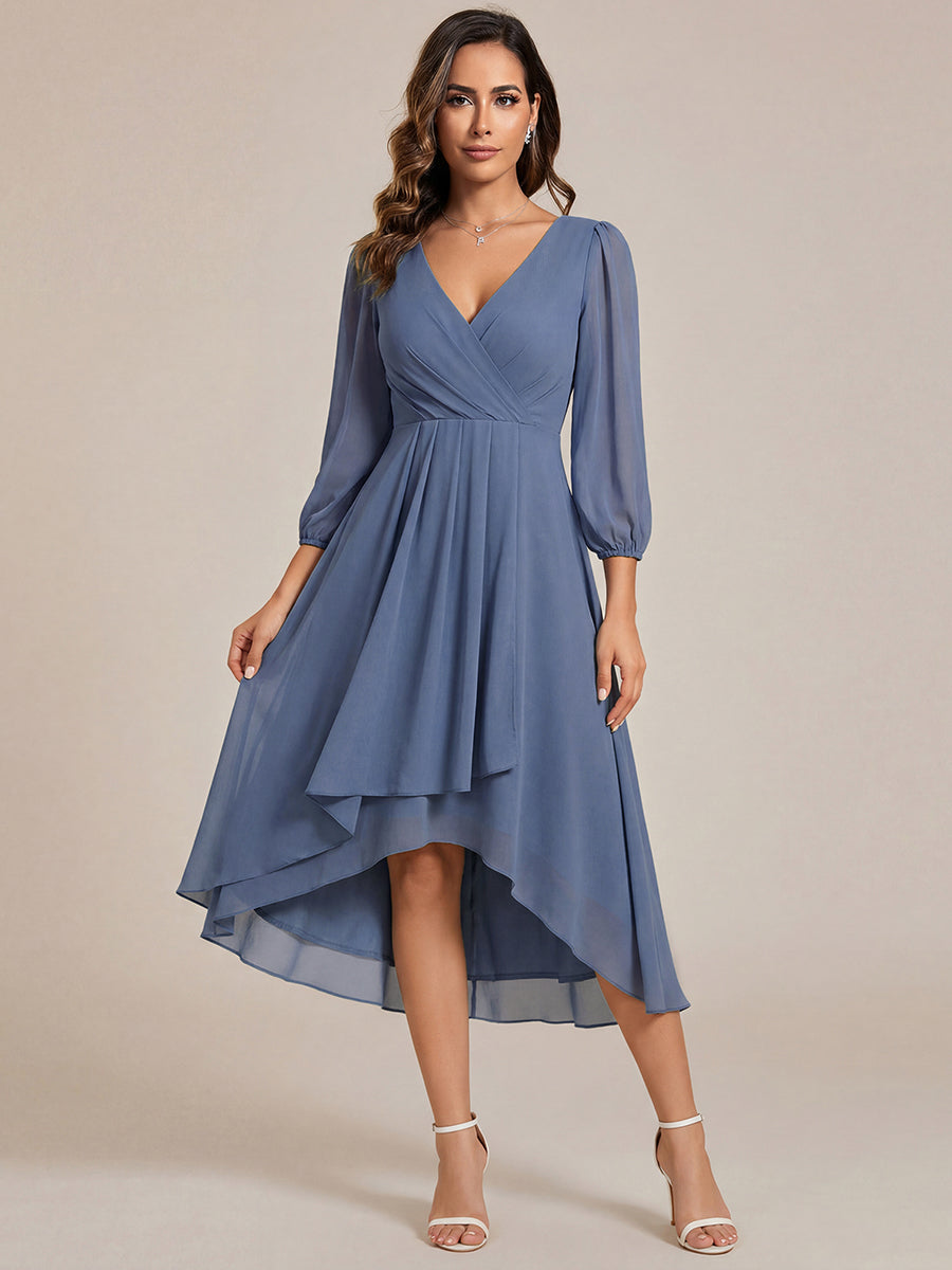 Long Sleeves Asymmetrical Hem A-Line Midi Wedding Guest Dress #color_Dusty Blue