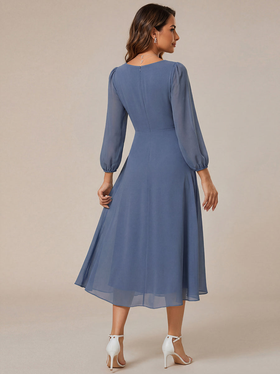 Long Sleeves Asymmetrical Hem A-Line Midi Wedding Guest Dress #color_Dusty Blue