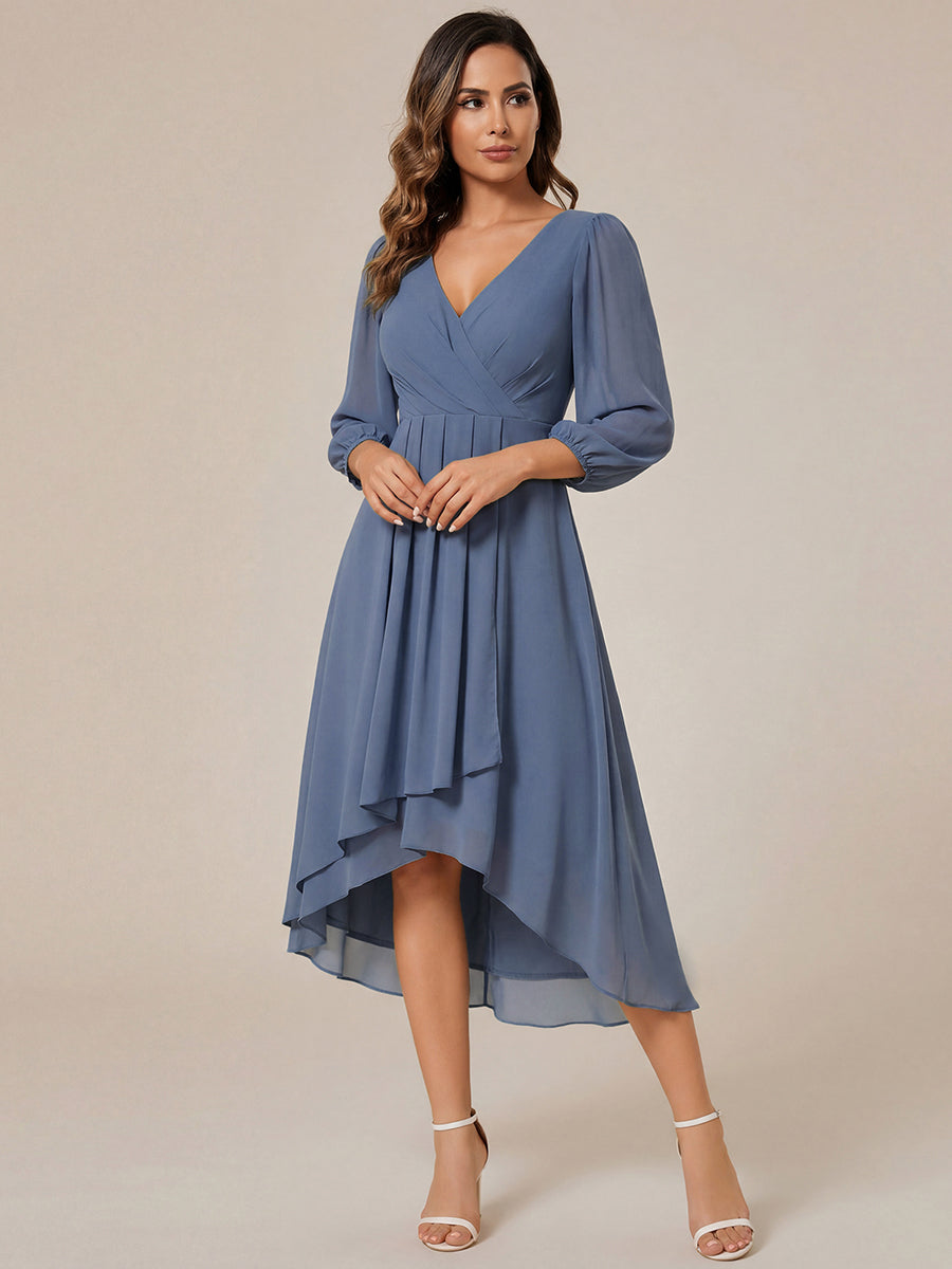 Long Sleeves Asymmetrical Hem A-Line Midi Wedding Guest Dress #color_Dusty Blue