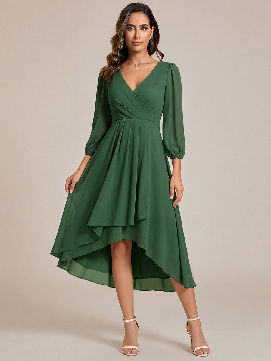 Long Sleeves Asymmetrical Hem A-Line Midi Wedding Guest Dress #color_Eucalyptus